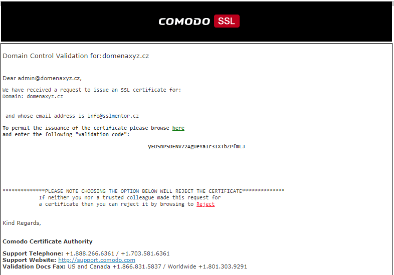 Validerings-e-post CA Comodo